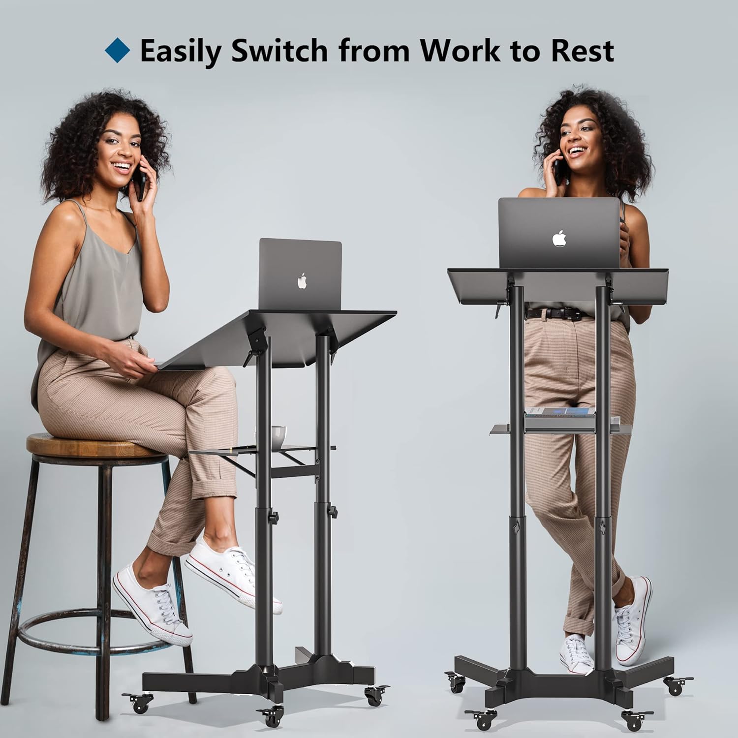 Suport mobil pentru laptop, stand cu inaltime reglabila, suporta greutate pana la 20 kg, unghi reglabil 0-40°, roti cu blocare, multifunctional, negru