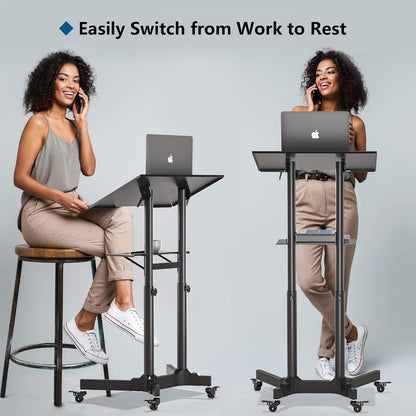 Suport mobil pentru laptop, stand cu inaltime reglabila, suporta greutate pana la 20 kg, unghi reglabil 0-40°, roti cu blocare, multifunctional, negru
