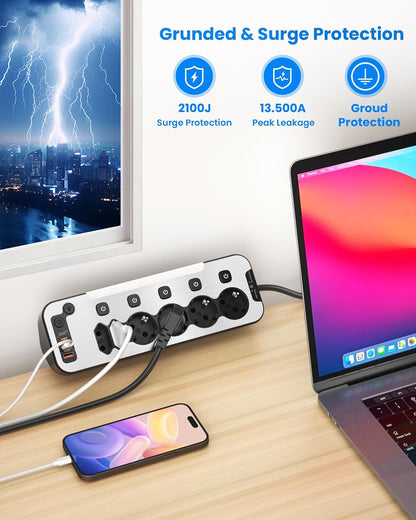 Prelungitor pentru perete/colt cu 6 prize cu intrerupator, 2 x USB-C cu incarcare PD 20W, 1 x USB-A QC 18W, lumina de noapte, cu prindere pentru birou si cablu de 2 m
