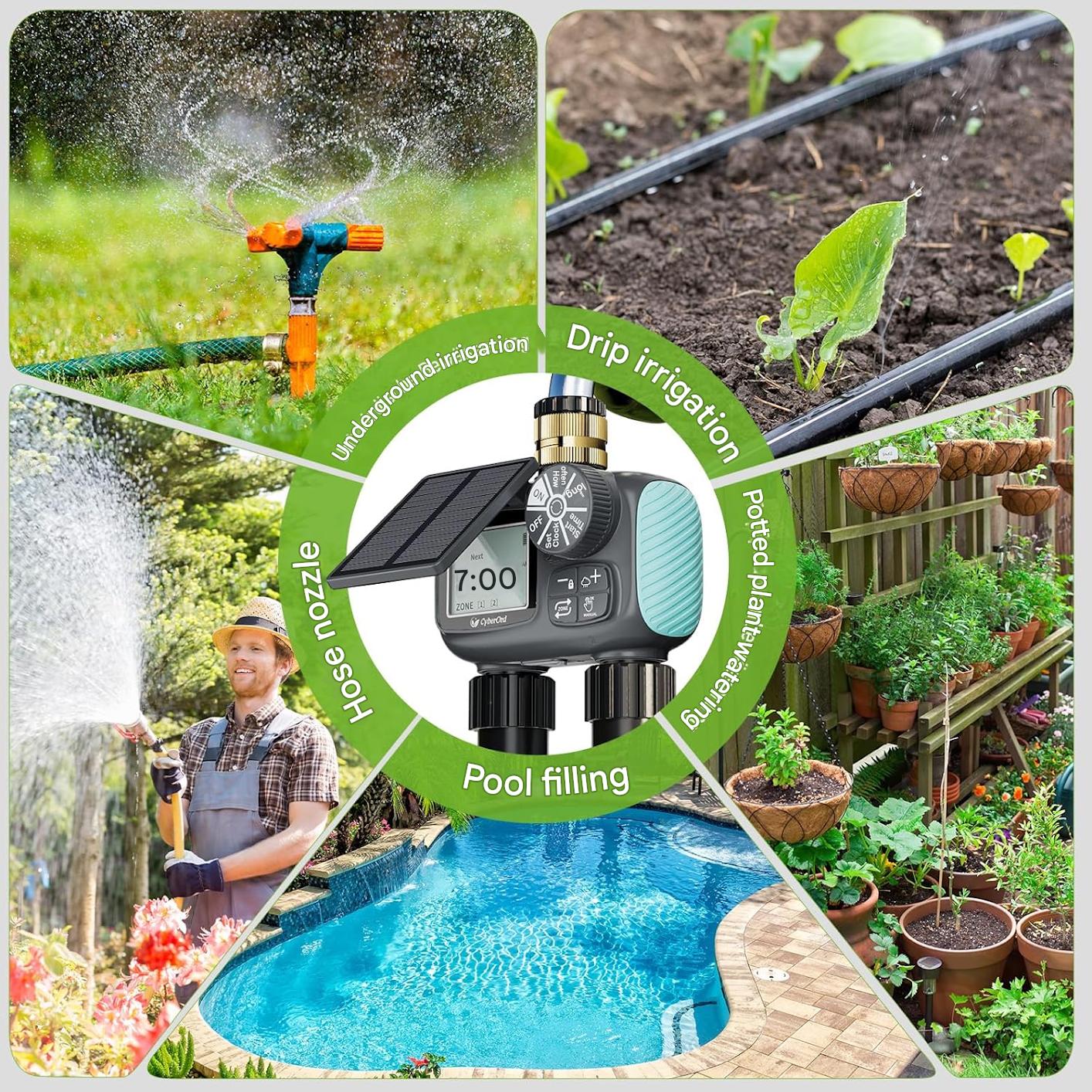 Computer de irigatii solar cu 2 zone, control automat si manual, functie intarziere la ploaie 24, 48, 72h, ecran LCD mare, incarcare solara si USB Tip C, rezistent IPX5, materiale durabile din alama si filtru metalic