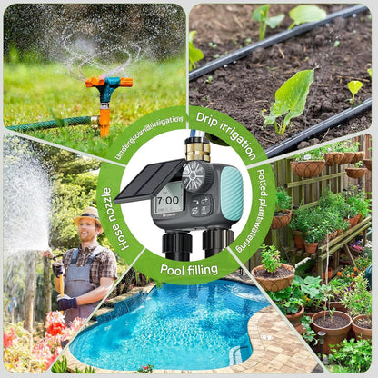 Computer de irigatii solar cu 2 zone, control automat si manual, functie intarziere la ploaie 24, 48, 72h, ecran LCD mare, incarcare solara si USB Tip C, rezistent IPX5, materiale durabile din alama si filtru metalic