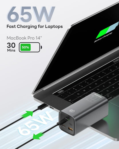 Baterie externa, powerbank 20000 mAh cu incarcare rapida PD 65W, 2 porturi USB-C si 1 port USB-A, pentru laptop, tableta, iPhone, Samsung