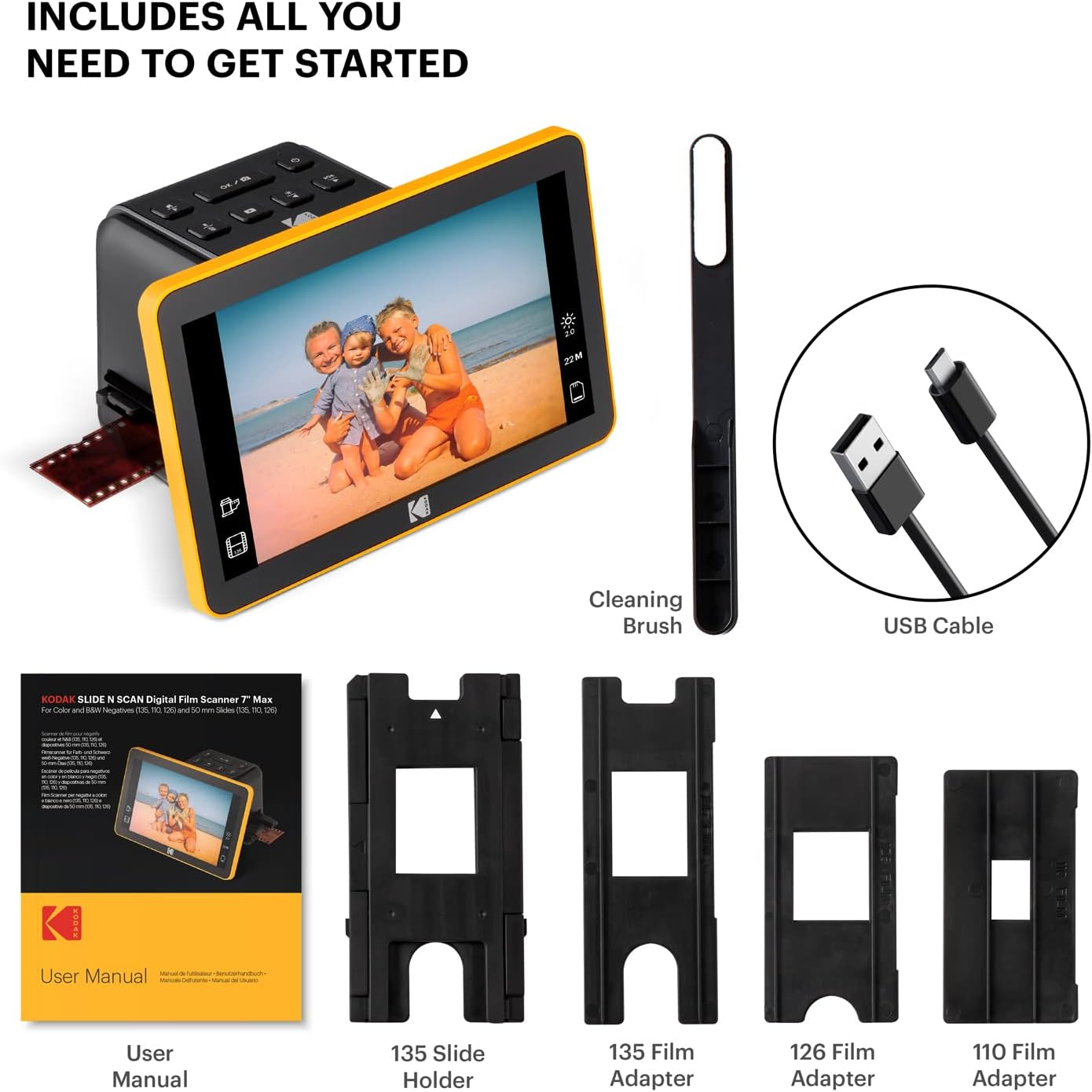 Scanner de film si diapozitive cu ecran LCD de 7 inch, 14/22 mp, compatibil film color si alb-negru 135, 110 si 126, functie incarcare continua, editare foto, cu slot card SD sau SDHC, port HDMI, negru