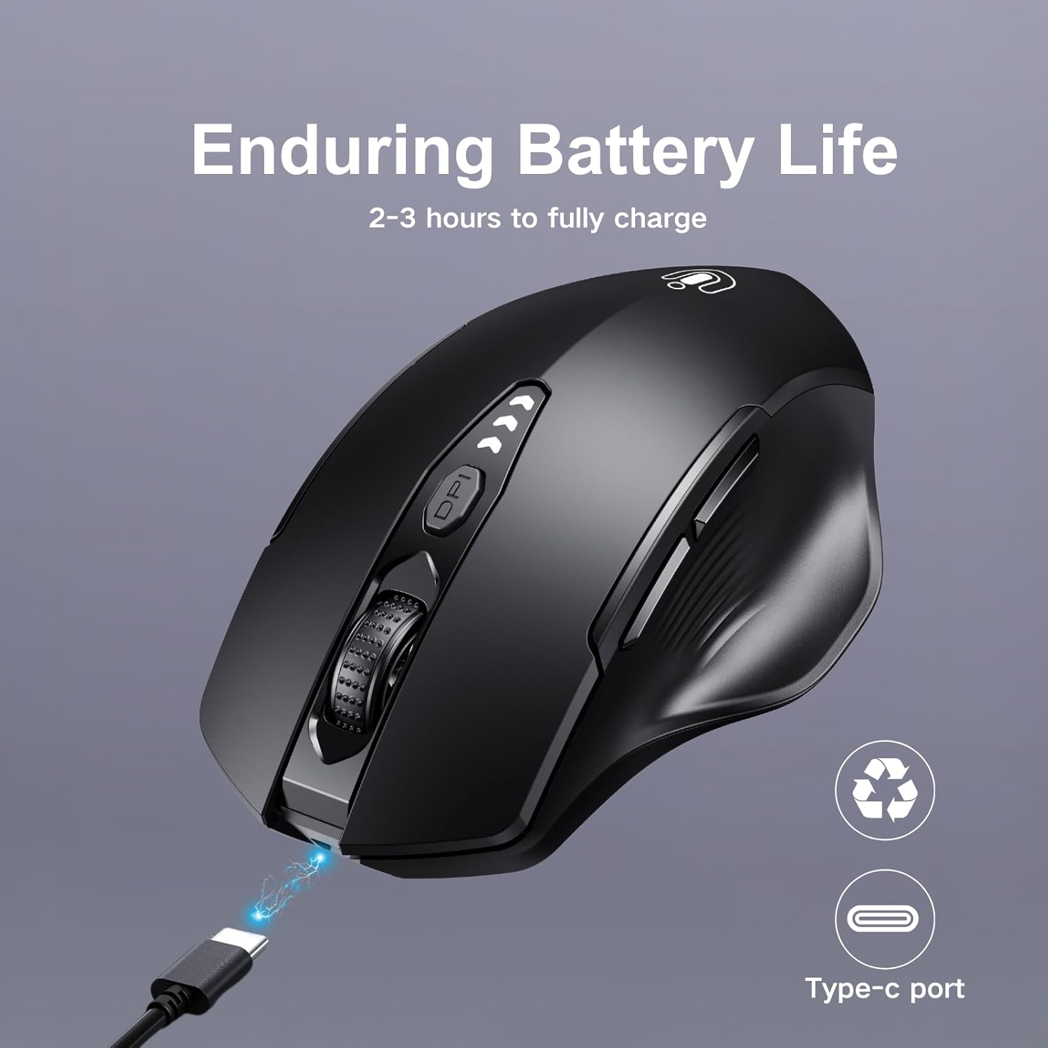 Mouse wireless cu Bluetooth 5.0/4.0 si 2.4 GHz, DPI reglabil pe 4 niveluri, indicator nivel baterie, design ergonomic, pentru laptop si PC, negru