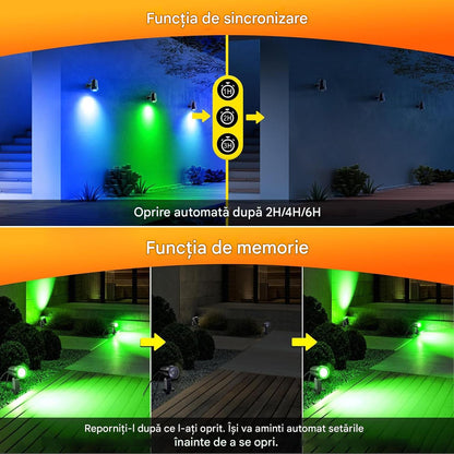 Set 8 proiectoare RGB, lampi gradina cu senzor lumina, telecomanda, functie temporizare, 30 moduri dinamice, impermeabile IP66, cu tarus si cablu de 23 m, Iluminat exterior pentru gradina, curte, petrecere