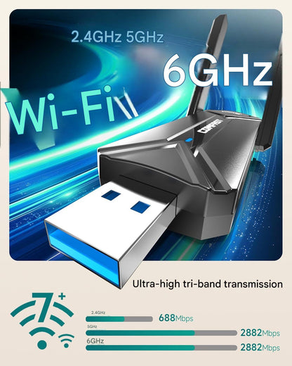 Stick WLAN USB COMFAST CF-983BE-1 WiFi 7, adaptor Wireless BE6500, viteza pana la 6500 Mbps, Tri-Band 2.4GHz/5GHz/6GHz, interfata USB, compatibil Windows 10/11, pentru Laptop si Desktop PC, negru