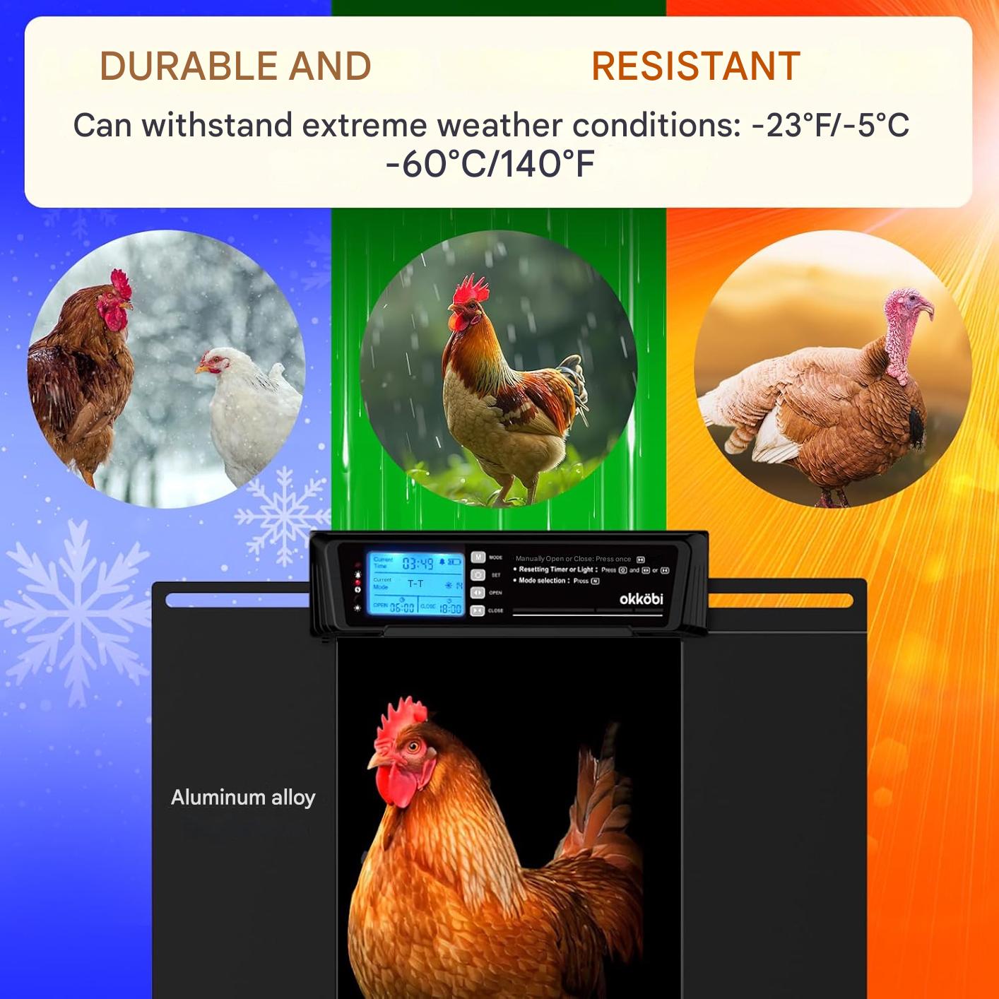 Usa automata inteligenta pentru cotet gaini Okkobi XL, alimentare solara + USB-C, telecomanda, senzor lumina si temporizator, ecran LCD, sistem anti-prindere, deschidere 28, 7x22, 1 cm, rezistenta extreme -20°C/+60°C, negru