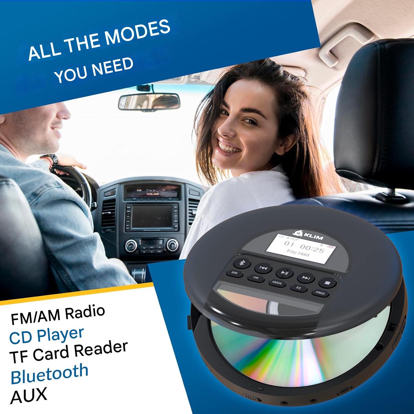 CD Player portabil KLIM Nomad Discman, Bluetooth, radio FM, MP3, cititor TF, baterie reincarcabila, casti Incluse, compatibil CD-R/CD-RW, AUX auto, negru