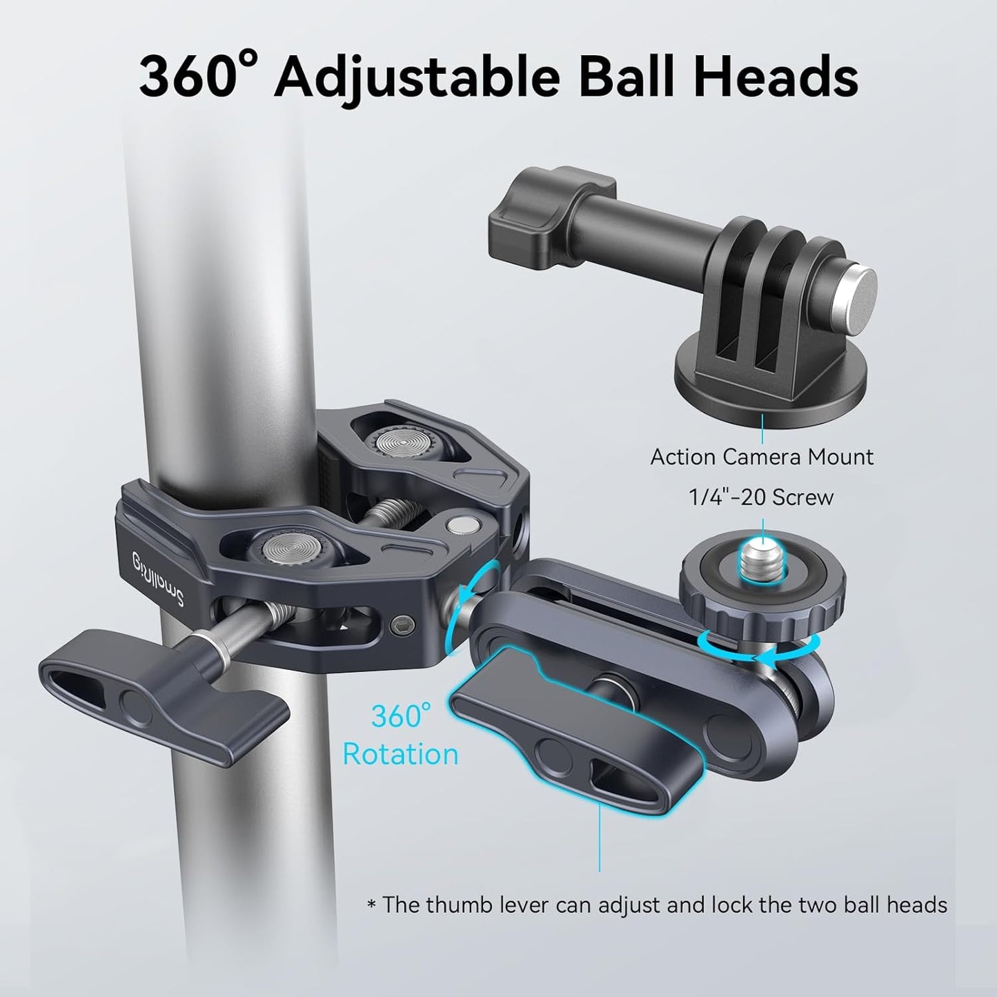 Clema de fixare magic arm cu menghina si montura cap bila cu rotatie 360°, adaptor GoPro, filete de 1/4 inch si 3/8 inch, clema crab cu sarcina maxima suportata 3.5 kg, 3757B
