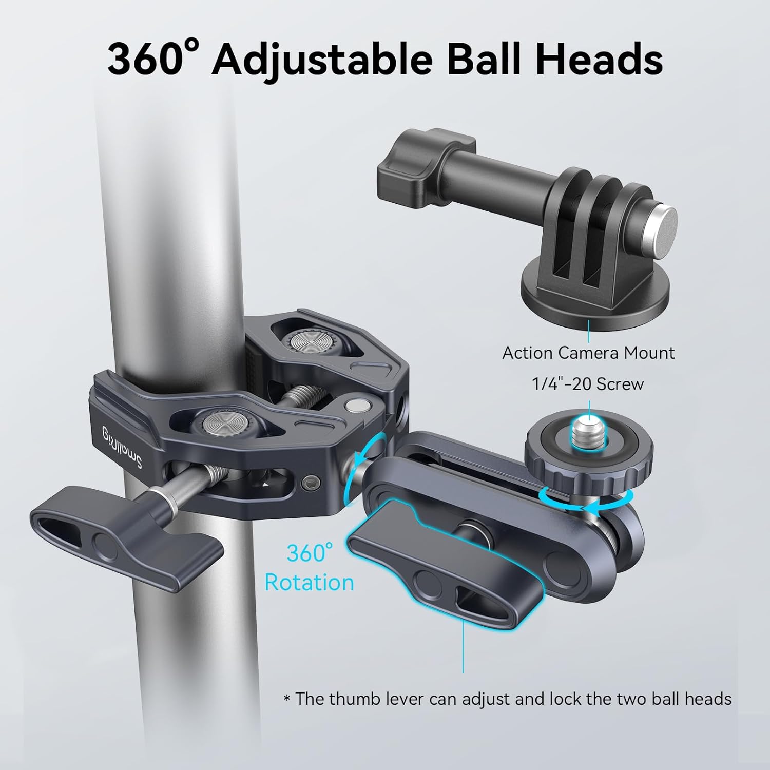 Clema de fixare magic arm cu menghina si montura cap bila cu rotatie 360°, adaptor GoPro, filete de 1/4 inch si 3/8 inch, clema crab cu sarcina maxima suportata 3.5 kg, 3757B