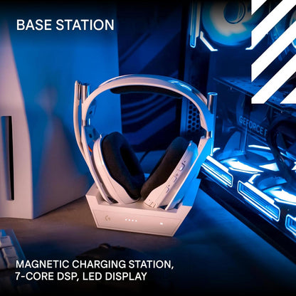 Casti gaming wireless Logitech G Astro A50 LIGHTSPEED Gen 5 cu statie de baza, PRO-G Graphene 40mm, comutare 3 platforme Xbox/PS5/PC/Mac/Switch, Bluetooth, microfon broadcast 48kHz, ANC, autonomie 24h, alb