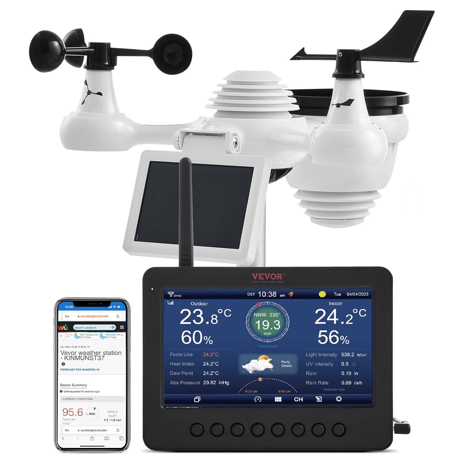 Statie meteo WiFi 7 in 1 cu display de 7 inch, senzor exterior cu panou solar, monitorizare viteza si directie vant, temperatura, umiditate, precipitatii, suporta Weather Underground si WeatherCloud, multifunctionala