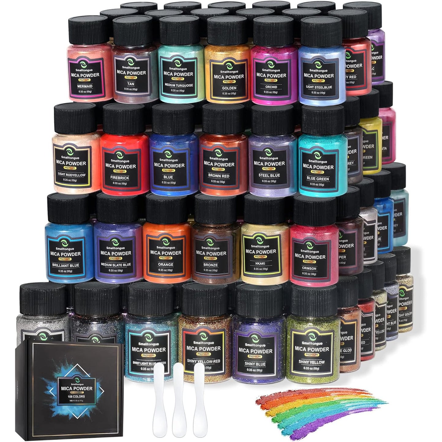 Set de pigmenti de mica, 108 culori, 36 de culori originale (10g), 36 de culori pastelate (10g), 36 pulberi cu sclipici fine (20g), pudra de pigment pentru rasina epoxidica, machiaj, sapun, lac de unghii, lumanari, slime