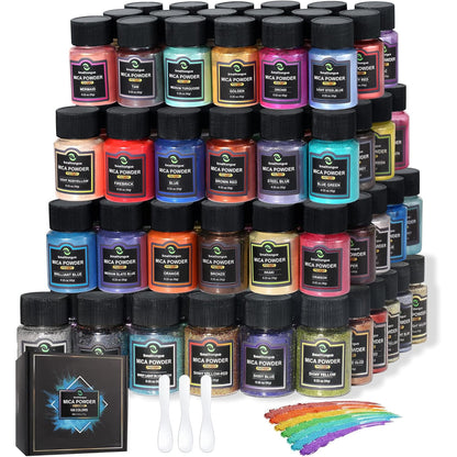 Set de pigmenti de mica, 108 culori, 36 de culori originale (10g), 36 de culori pastelate (10g), 36 pulberi cu sclipici fine (20g), pudra de pigment pentru rasina epoxidica, machiaj, sapun, lac de unghii, lumanari, slime