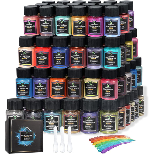 Set de pigmenti de mica, 108 culori, 36 de culori originale (10g), 36 de culori pastelate (10g), 36 pulberi cu sclipici fine (20g), pudra de pigment pentru rasina epoxidica, machiaj, sapun, lac de unghii, lumanari, slime