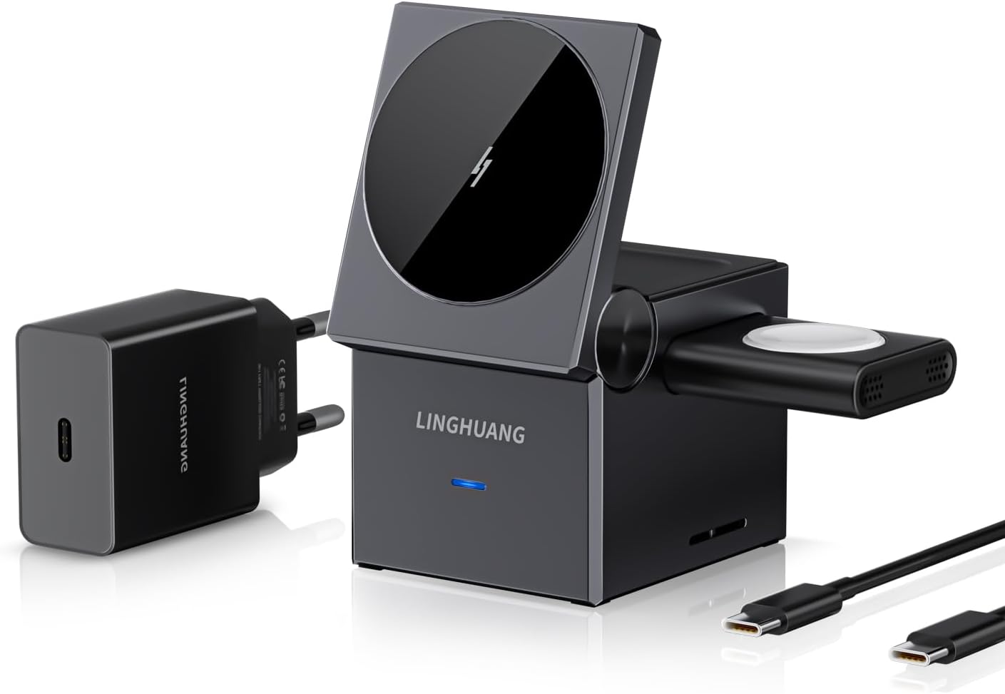 Statie de incarcare 3 in 1 wireless, compatibil MagSafe, 15W Pro, incarcator Apple Watch detasabil, pentru iPhone 15/14/13/12, Apple iWatch si AirPods