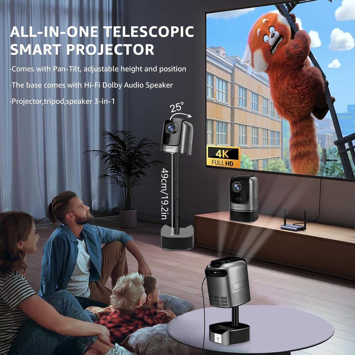 Videoproiector cu WiFi 6, Bluetooth, stand cu inaltime reglabila, Full HD 1080p, accepta 4K, 10000 lumeni, autofocus, corectie keystone, difuzor incorporat, pentru smartphone, tableta, consola, PC