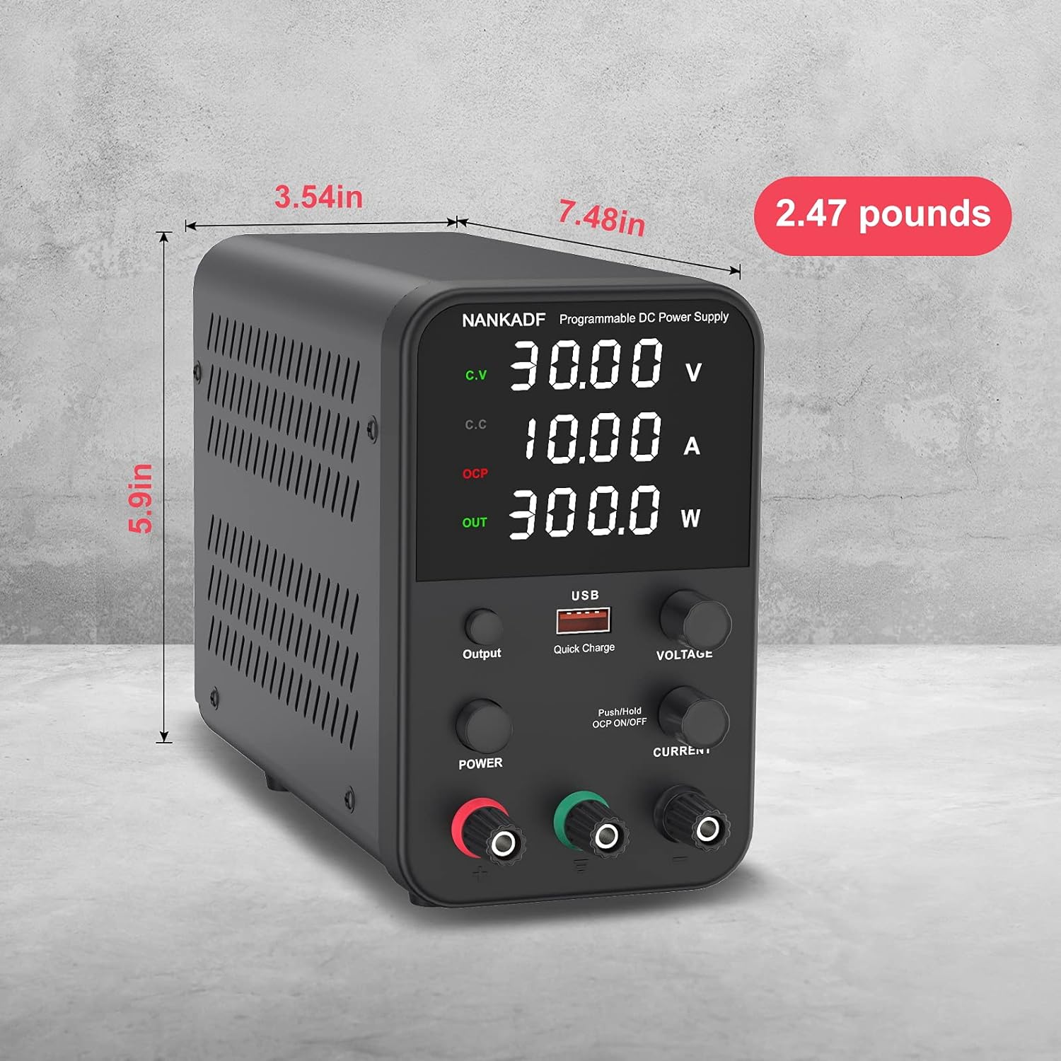 Sursa de alimentare de laborator 0-30 V, 0-10 A, 300 W, cu display LED, ventilator de racire, functie protectie supracurent (OCP), cu port USB 15W, stabilizare voltaj si curent, CV/CC