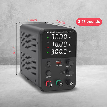 Sursa de alimentare de laborator 0-30 V, 0-10 A, 300 W, cu display LED, ventilator de racire, functie protectie supracurent (OCP), cu port USB 15W, stabilizare voltaj si curent, CV/CC