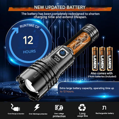 Set lanterna tactica LED, 500.000 lumeni, ecran LCD, lanterna USB baterie, cu functie powerbank si lanterna de urgenta, reincarcabila, impermeabila, pentru urgente, camping, calatorie
