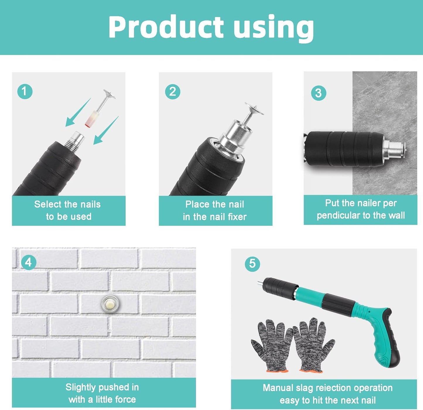 Pistol de cuie manual, unealta pentru fixarea cuielor si bolturilor in beton, lemn, fier, perete, tavan, pardoseala, de 35 cm, cu 50 cuie rotunde incluse, 3 trepte de putere, in geanta de transport si depozitare