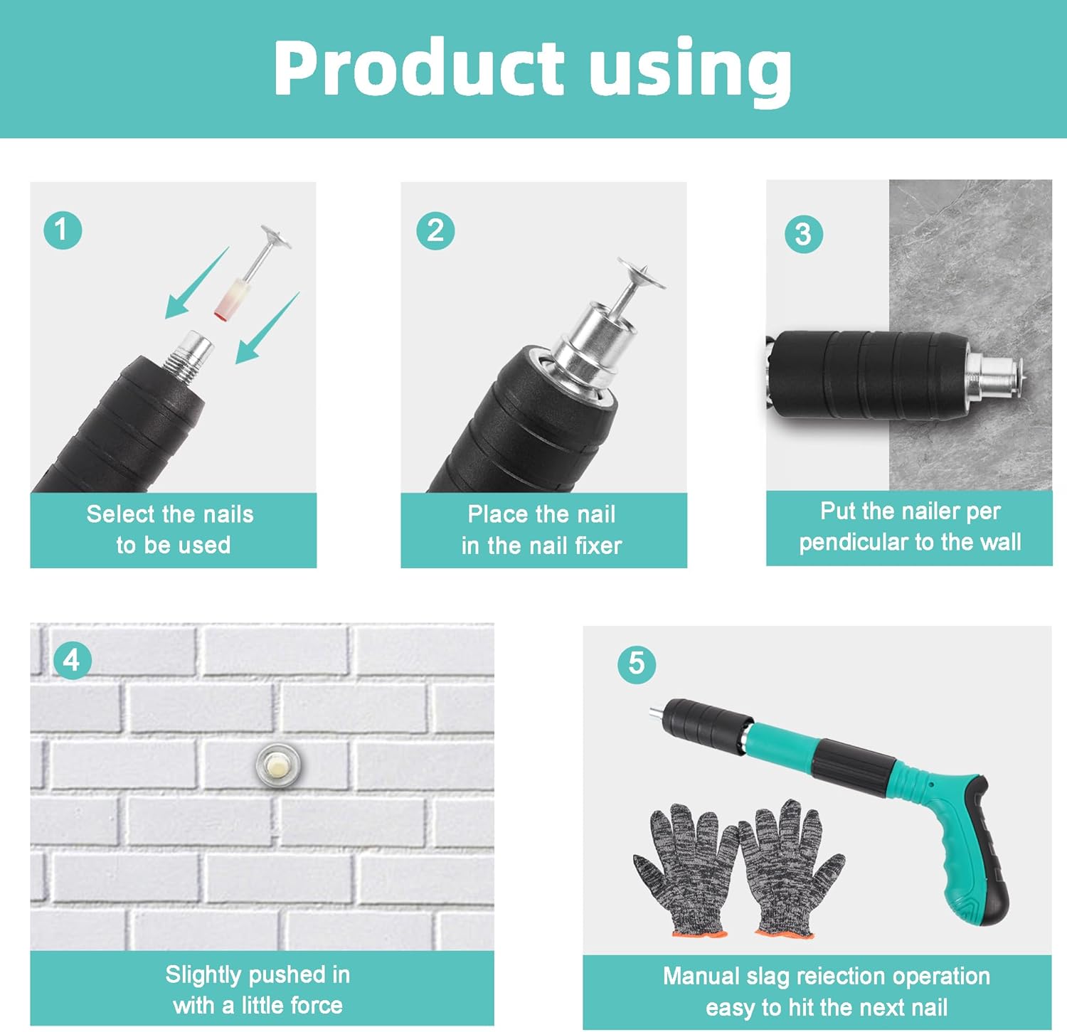 Pistol de cuie manual, unealta pentru fixarea cuielor si bolturilor in beton, lemn, fier, perete, tavan, pardoseala, de 35 cm, cu 50 cuie rotunde incluse, 3 trepte de putere, in geanta de transport si depozitare