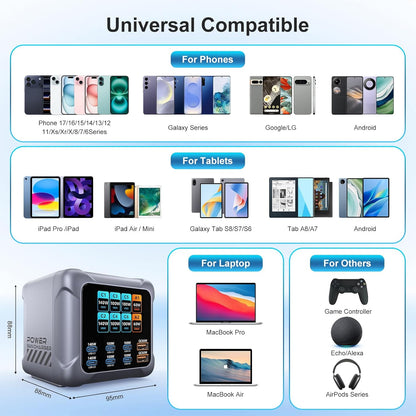 Statie de Incarcare USB-C Puiseno 420W GaN, 8 Porturi 6x USB-C + 2x USB-A, PD 140W, QC 60W, afisaj LCD inteligent, protectie la supratensiune si supraincalzire, compatibila cu MacBook, iPhone 17/16/15, iPad, Galaxy S25/S24, argintiu ID produs: 4273
