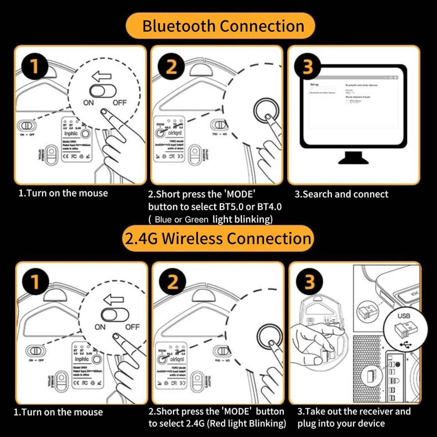 Mouse wireless cu Bluetooth 5.0/4.0 si 2.4 GHz, DPI reglabil pe 4 niveluri, indicator nivel baterie, design ergonomic, pentru laptop si PC, negru