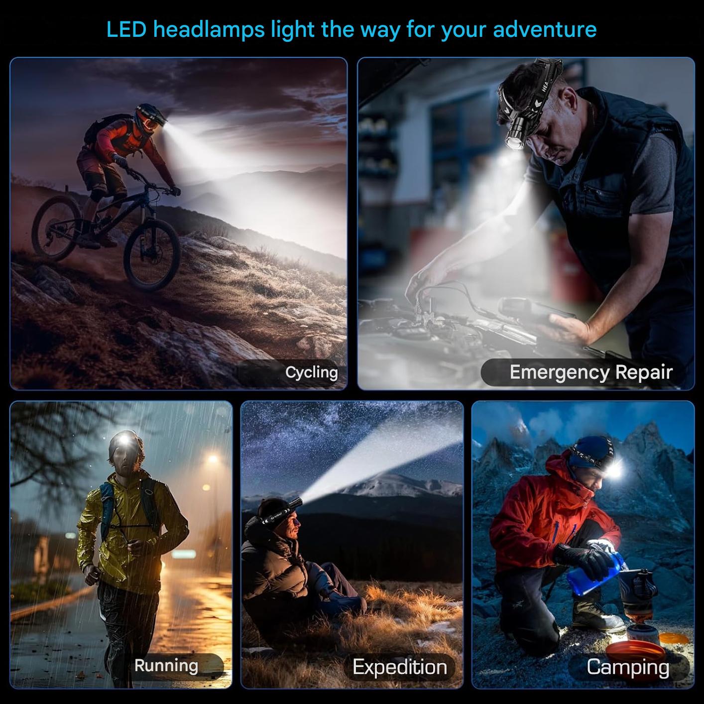 Lanterna frontala LED reincarcabila 120.000lm, baterie 9000mAh, USB-C, 5 moduri iluminare, zoom, IPX7, reglaj 120°, Power Bank, pentru camping si pescuit, clasa A+++