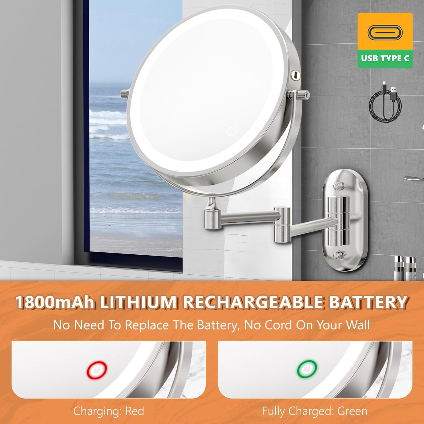 Oglinda cosmetica iluminata LED, marire 1X/20X, luminozitate reglabila, 3 moduri iluminare, reincarcabila, cu doua fete, buton tactil, rotativa 360°, argintie