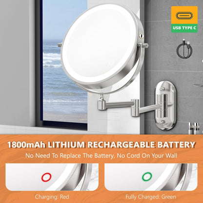 Oglinda cosmetica iluminata LED, marire 1X/20X, luminozitate reglabila, 3 moduri iluminare, reincarcabila, cu doua fete, buton tactil, rotativa 360°, argintie