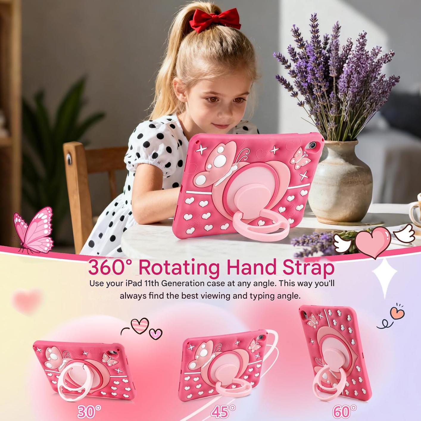 Husa de protectie iPad A16 11″ / A10 10,9″ – Fluture, roz, rezistenta la socuri, cu maner rotativ 360°, suport si curea de umar
