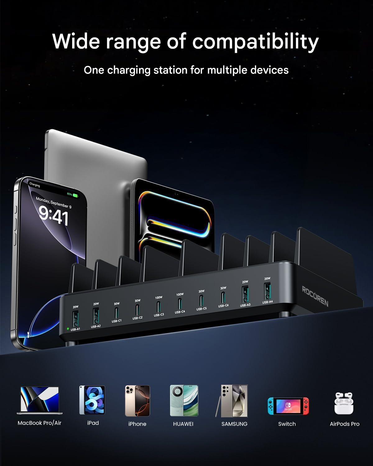 Statie de incarcare Rocoren 400 W cu 10 porturi USB, 100V-240V, 3,2 A – Incarcator rapid USB-C GaN PD100W pentru telefoane, laptopuri, MacBook Pro/Air, iPhone, iPad – Incarcare simultana rapida, protectie avansata la supratensiune si temperatura