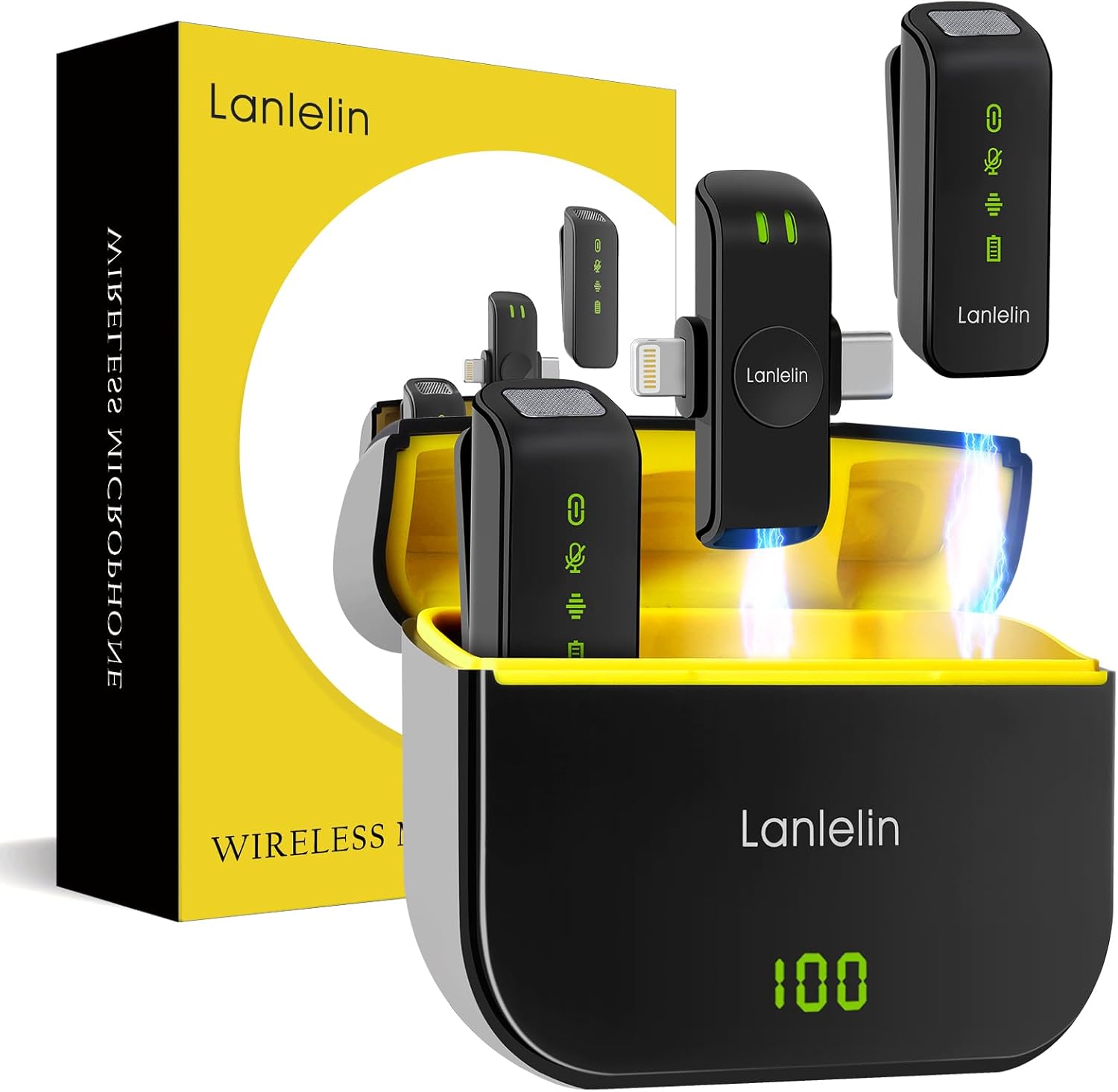 Set 2 microfoane lavaliera pentru iPhone, iPad si Android, sunet omnidirectional 360º, cu statie de incarcare, plug & play, sistem reducere zgomot, wireless 2.4G, indicator nivel baterie, incarcare USB-C, portabil, negru