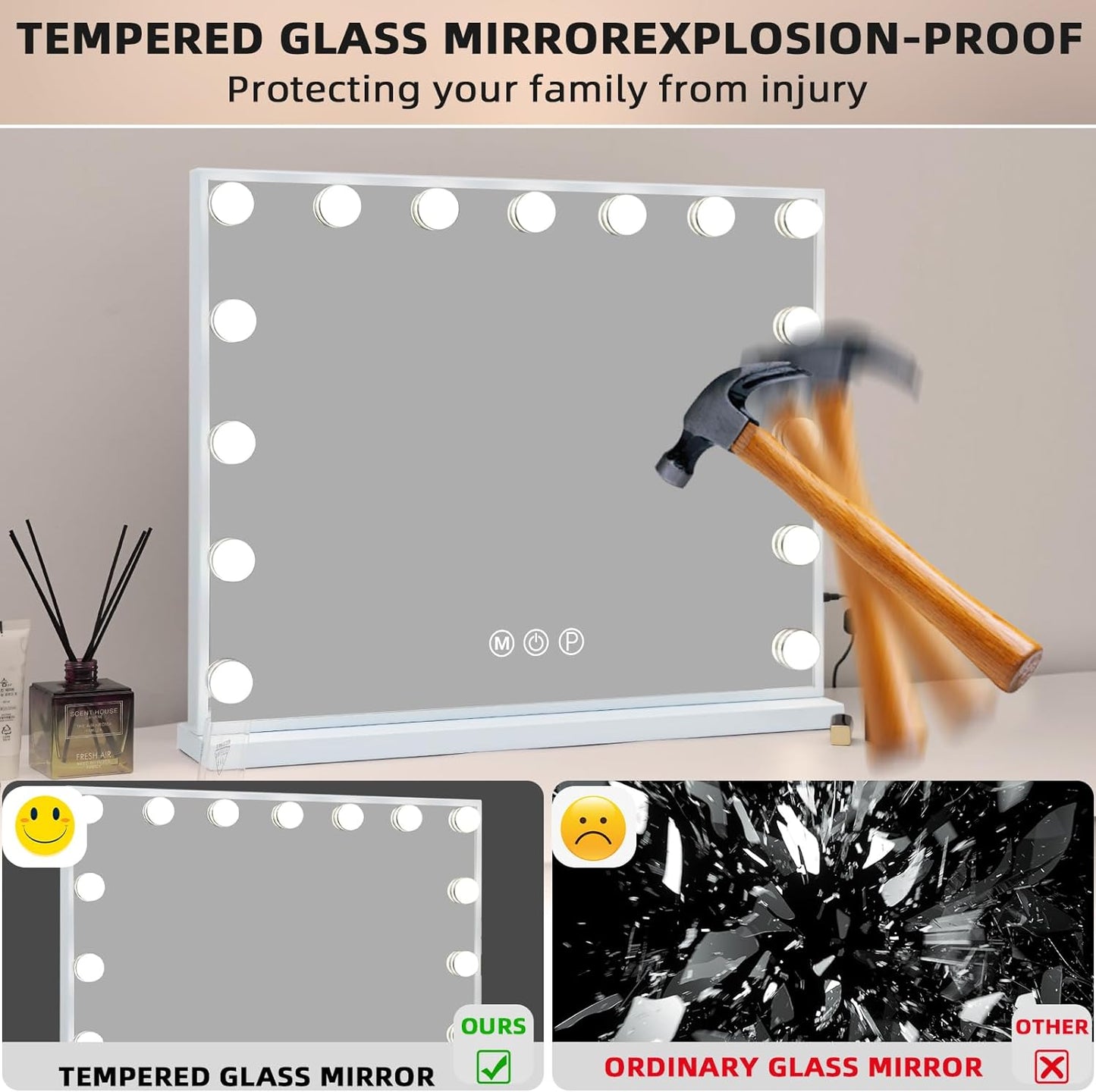 Oglinda machiaj cosmetica profesionala, 58 x 48 cm, cu 15 lumini LED, 3 temperaturi culoare alb cald-alb rece, luminozitate reglabila, cu port USB, cu stand si prindere in perete