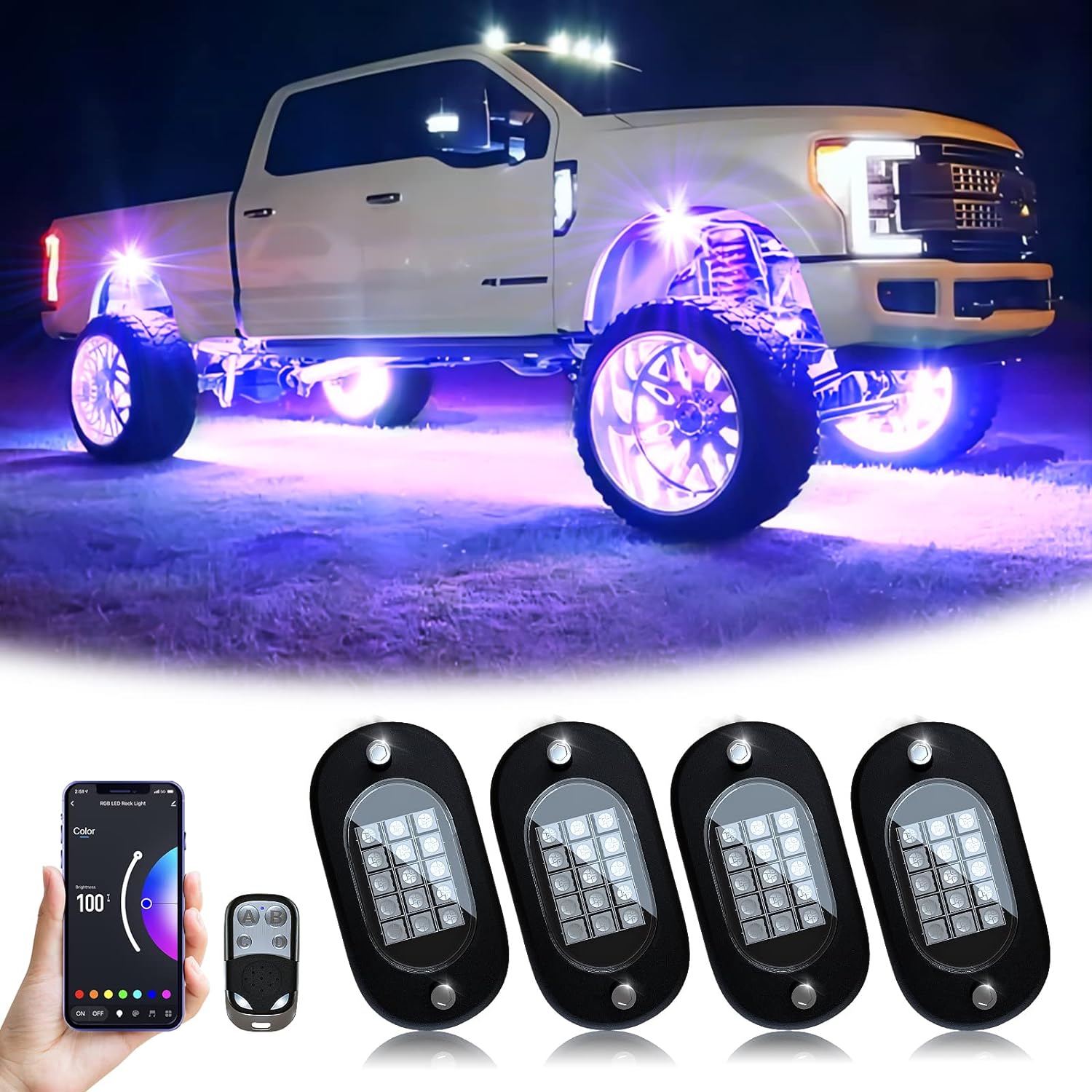 Set 4 lumini ambientale auto LED RGB, control prin aplicatie si telecomanda, sincronizare muzica, aprindere la franare, impermeabile IP68, pentru SUV offroad, camioneta, ATV, motocicleta, carenaj auto