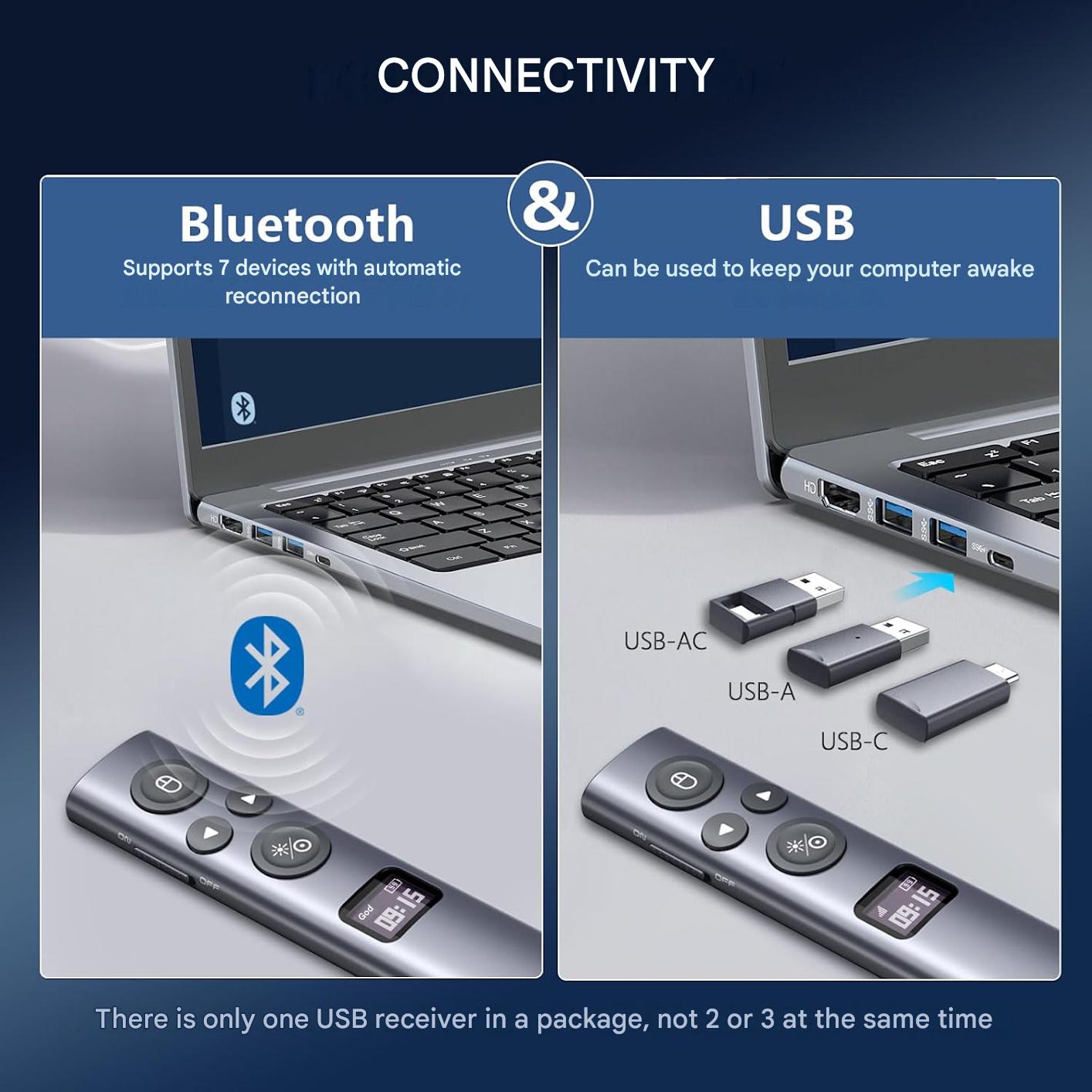 Laser profesional wireless pentru prezentari Norwii N95s BLE, telecomanda cu pointer digital si indicator laser integrat, evidentiere si amplificare pe ecrane LED/LCD si videoproiector, Air Mouse, Timer cu vibratii, Ecran OLED, Bluetooth + USB-A/USB-C
