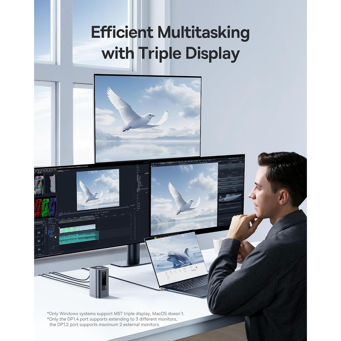 Statie de andocare 11 in 1, extindere la 3 monitoare, cu buton blocare ecran, 2 x HDMI, 2 x DisplayPort 4K @ 60Hz, 3 x USB-A, 3 x USB-C, 1 x Ethernet RJ-45 1GBPS, 1 x AUX, cu baza magnetica, multifunctional