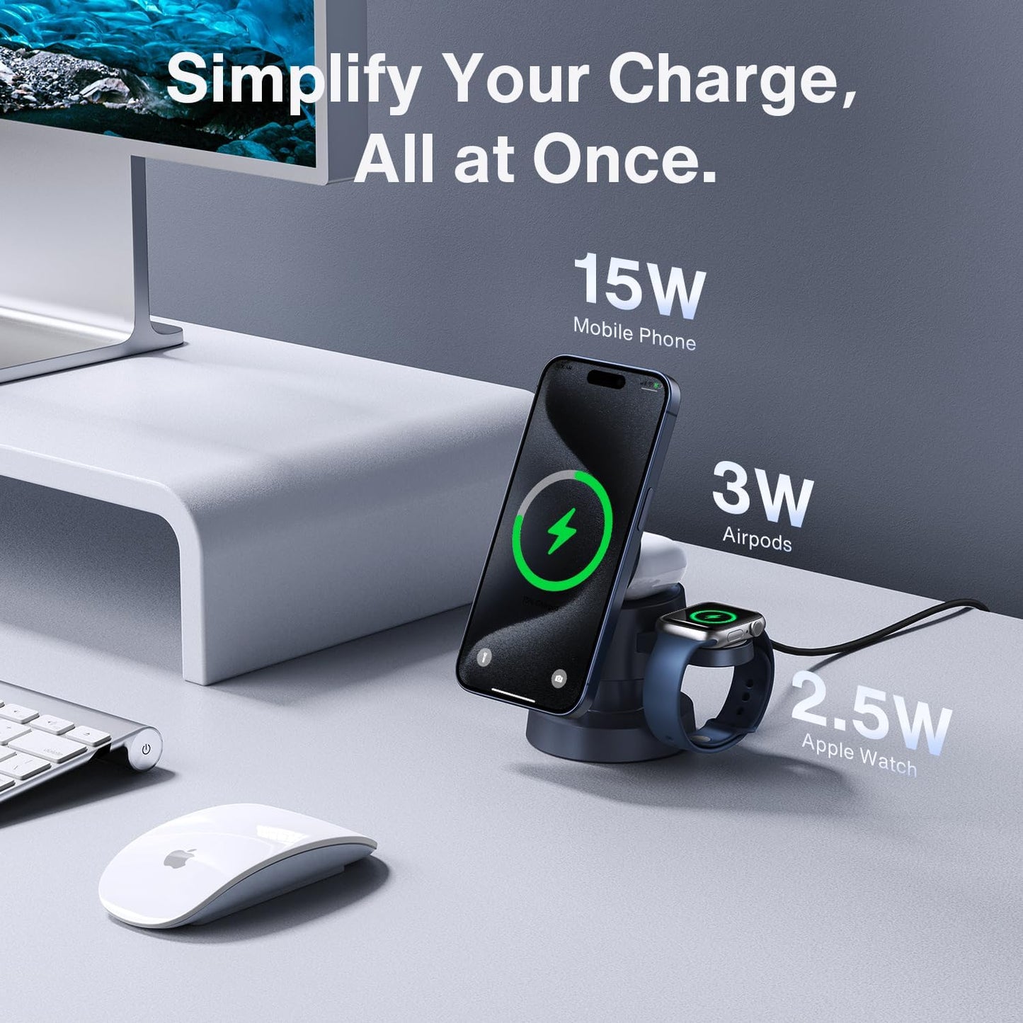 Incarcator wireless 4 in 1, statie de incarcare Magsafe 22.5 W cu lampa de veghe, incarcare rapida, unghi reglabil, pentru Apple iPhone, Iwatch, AirPods