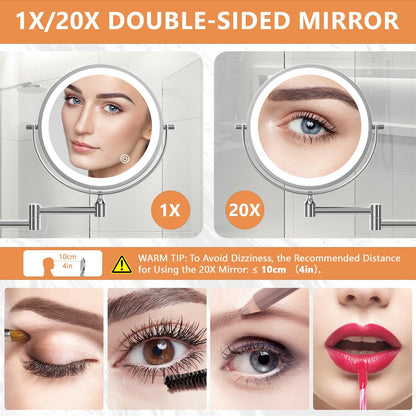 Oglinda cosmetica iluminata LED, marire 1X/20X, luminozitate reglabila, 3 moduri iluminare, reincarcabila, cu doua fete, buton tactil, rotativa 360°, argintie
