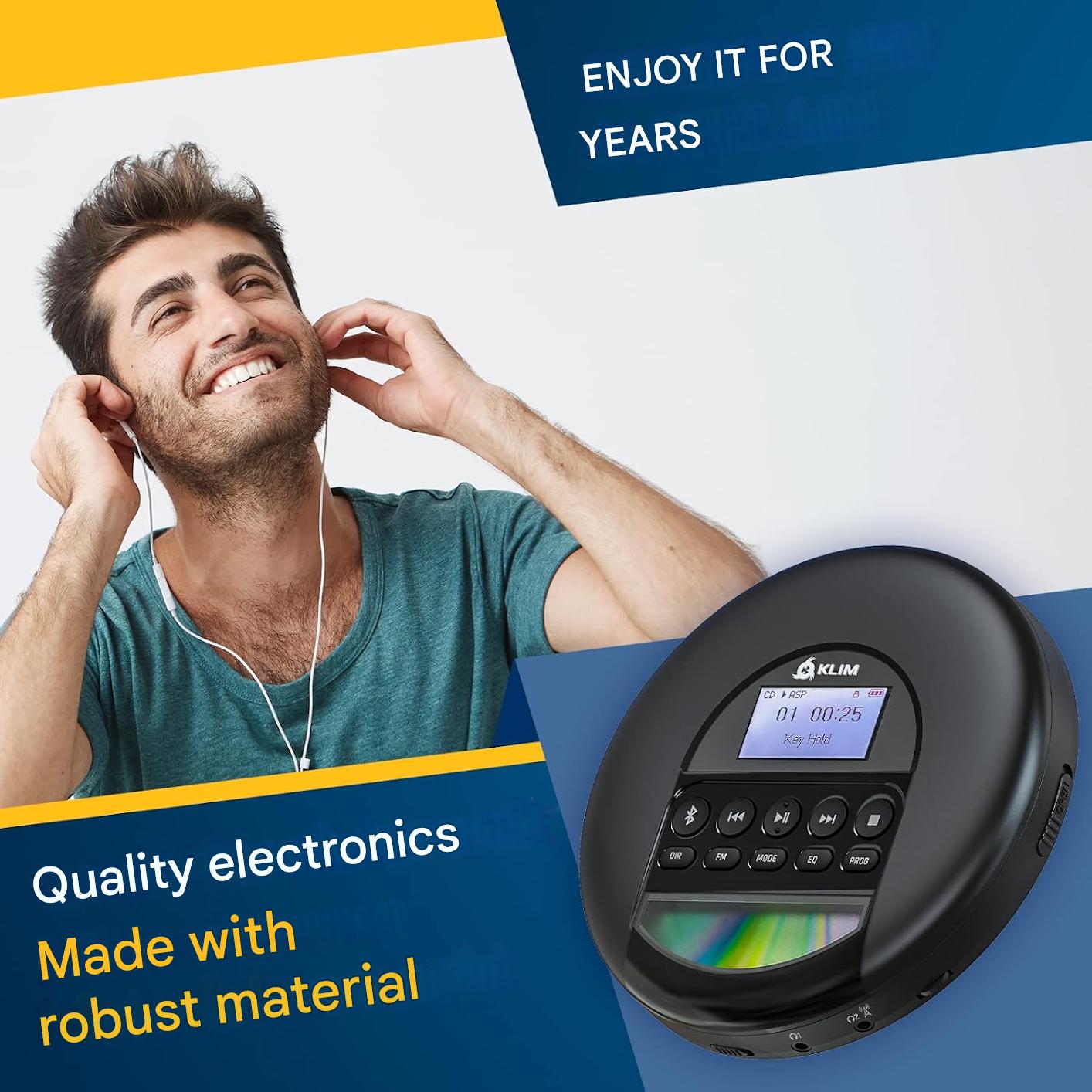 CD Player portabil KLIM Nomad Discman, Bluetooth, radio FM, MP3, cititor TF, baterie reincarcabila, casti Incluse, compatibil CD-R/CD-RW, AUX auto, negru