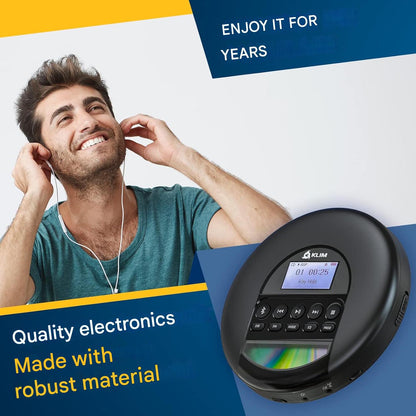 CD Player portabil KLIM Nomad Discman, Bluetooth, radio FM, MP3, cititor TF, baterie reincarcabila, casti Incluse, compatibil CD-R/CD-RW, AUX auto, negru