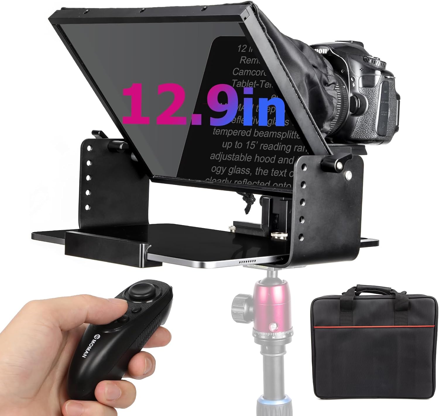 Kit teleprompter de 12 inch, pentru camere DSLR, cu telecomanda, compatibil cu smartphone si tableta pana la 12.9 inch, din metal, cu montura 1/4 inch si geanta de depozitare si transport