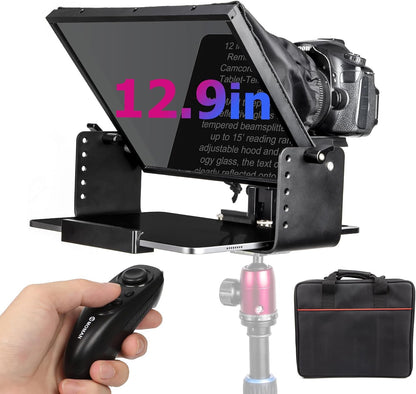 Kit teleprompter de 12 inch, pentru camere DSLR, cu telecomanda, compatibil cu smartphone si tableta pana la 12.9 inch, din metal, cu montura 1/4 inch si geanta de depozitare si transport