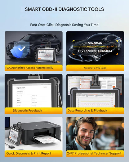 Tester auto profesional ThinkScan 672, OBD2 Diagnostic Scanner, 28 resetari de sistem, diagnosticare completa si testare activa BI, compatibil CANFD, afisaj color, negru/galben
