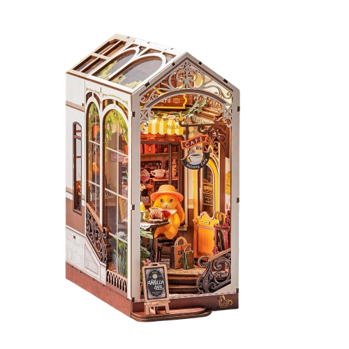 Puzzle 3D din lemn, cotor de carte DIY cu lumini LED si buton touch, mini cafenea vintage cu terasa si decor floral, decor pentru biblioteca si raft, 171 piese, adulti si copii +14 ani
