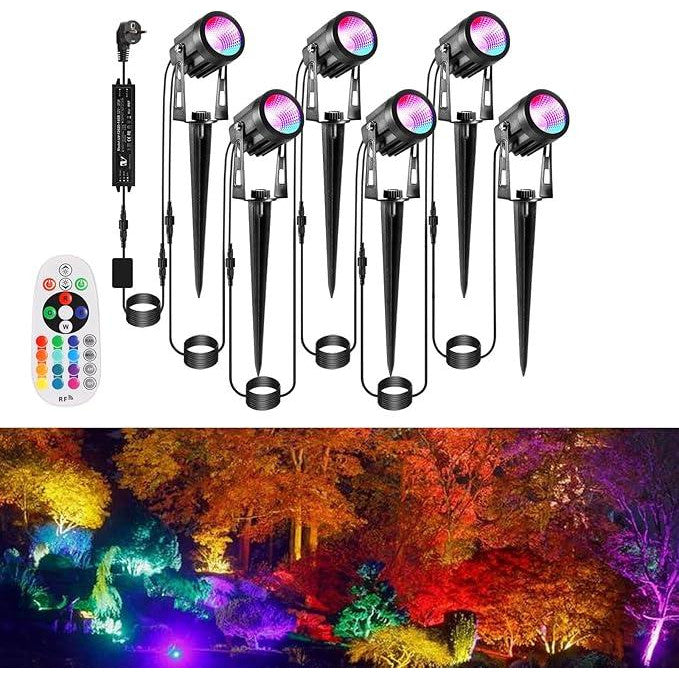 Set 6 lampi pentru gradina, RGB LED, 13 culori, 12 V, 3 W, 1800 lm, impermeabil IP65, lampa de gradina colorata cu telecomanda si temporizator cu tarus si cablu de 21 m