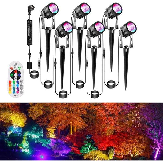 Set 6 lampi pentru gradina, RGB LED, 13 culori, 12 V, 3 W, 1800 lm, impermeabil IP65, lampa de gradina colorata cu telecomanda si temporizator cu tarus si cablu de 21 m