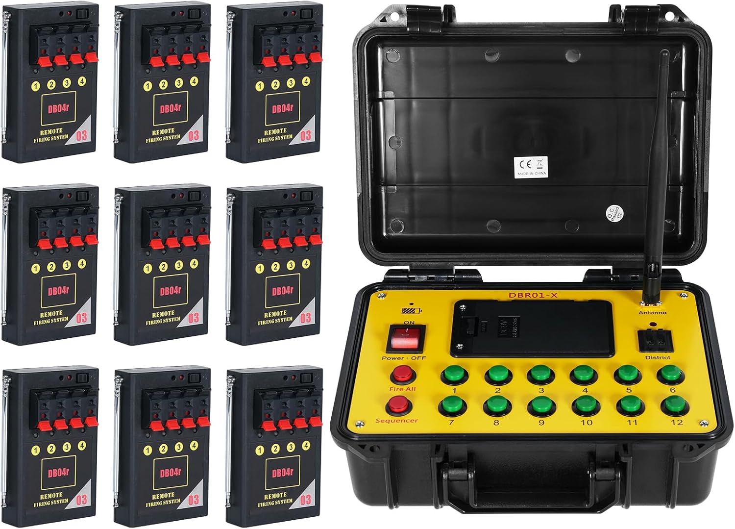 Set aprindere artificii cu 1 transmitator wireless si 9 declansatoare cu 4 canale, pana la 500 m raza de actiune, comutare de la distanta, multifunctional