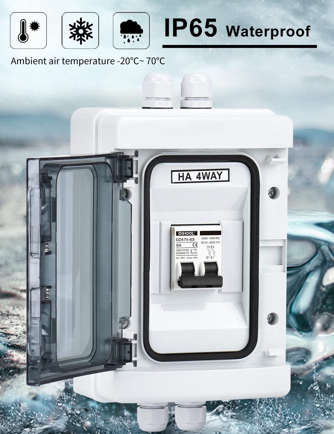 Siguranta solara automata 6A DC 12V-DC400V sau AC 90V-400V, 2 poli, pentru sistem fotovoltaic, intrerupator automat in cutie de sigurante impermeabila IP65